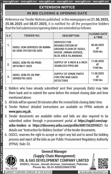 Oil & Gas Development Company Limited Islamabad Tender Notice